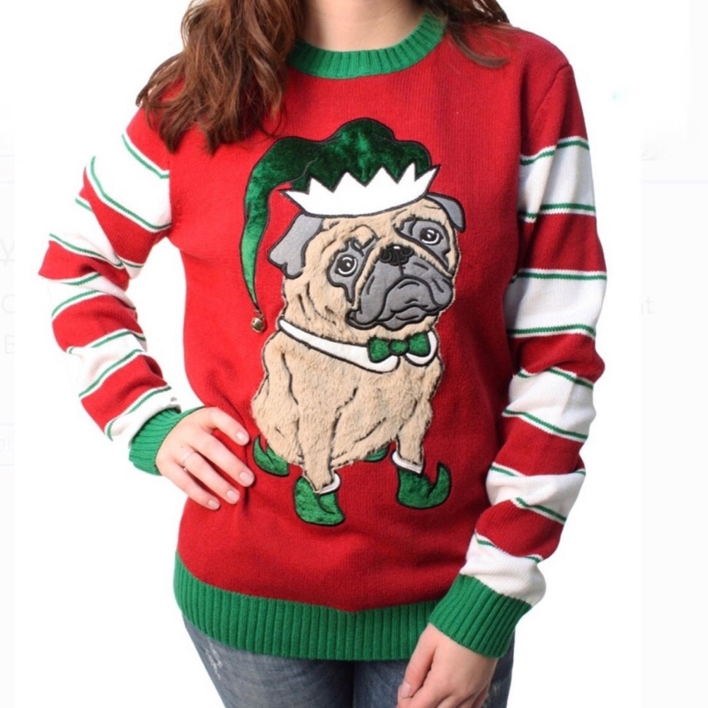 NWT Ugly XMas Christmas Sweater Fur Pug Elf Hat Bell Unisex Large